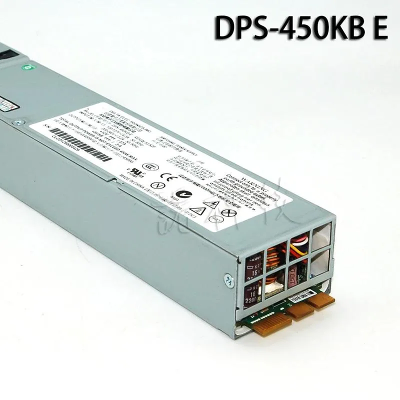Rectangular silver ATX power supply unit with ventilation grill and power connectors
