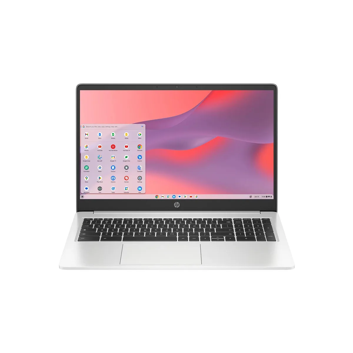 Silver 15.6 inch Chromebook with thin-bezel screen and privacy camera switch