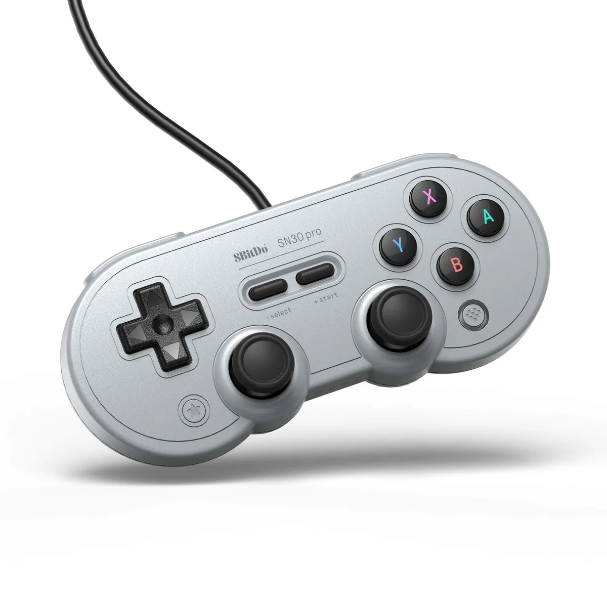 Gray wired gamepad with 16 buttons and USB cable
