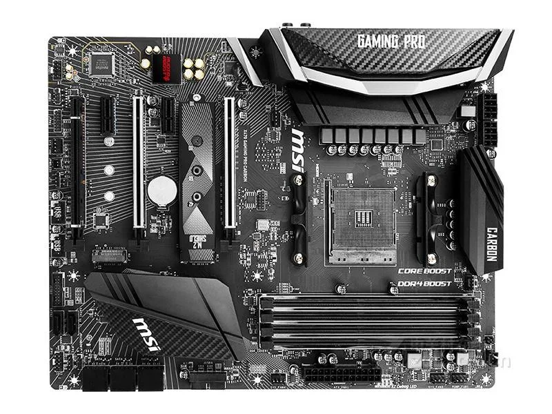 Black ATX motherboard with carbon-fibre pattern heatsinks and red accents