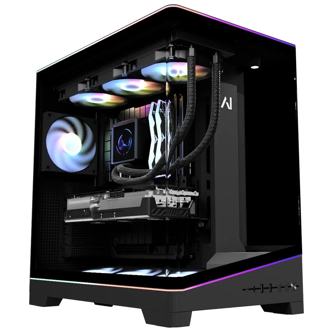 Mid-tower gaming PC with tempered glass side panel, customizable LCD liquid cooler, and action-figure display stand