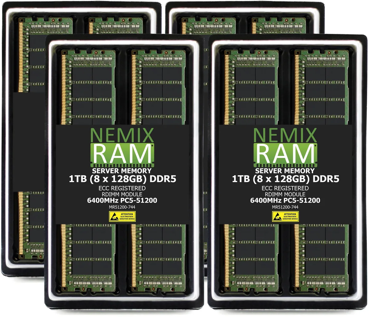 Eight green DDR5 RDIMM modules in a row