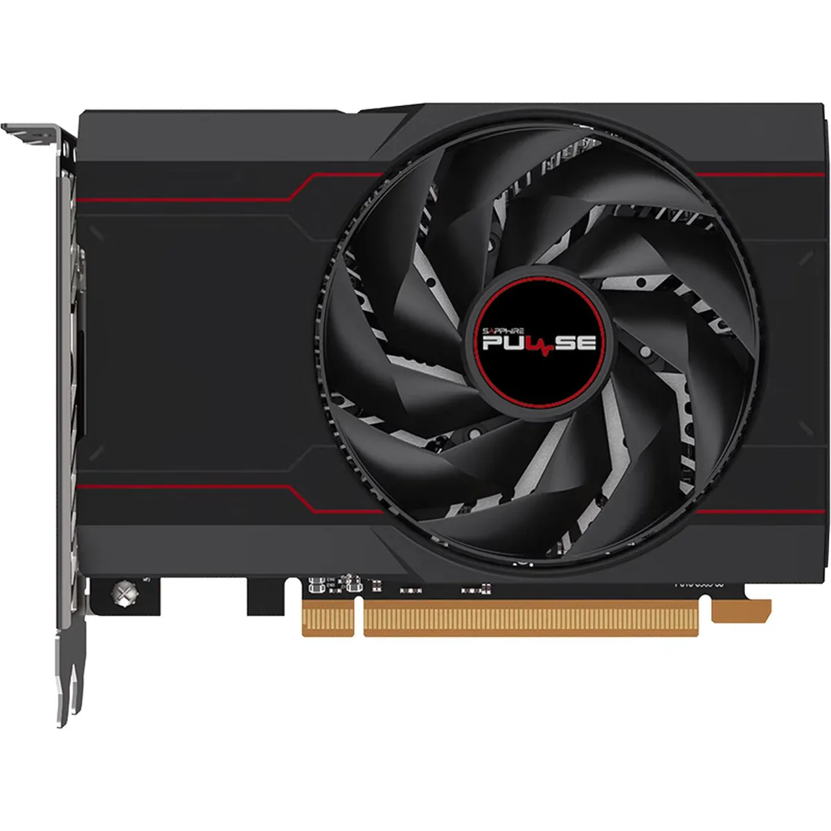 Compact dual-slot graphics card with single axial fan, matte black shroud and backplate, one HDMI and one DisplayPort bracket