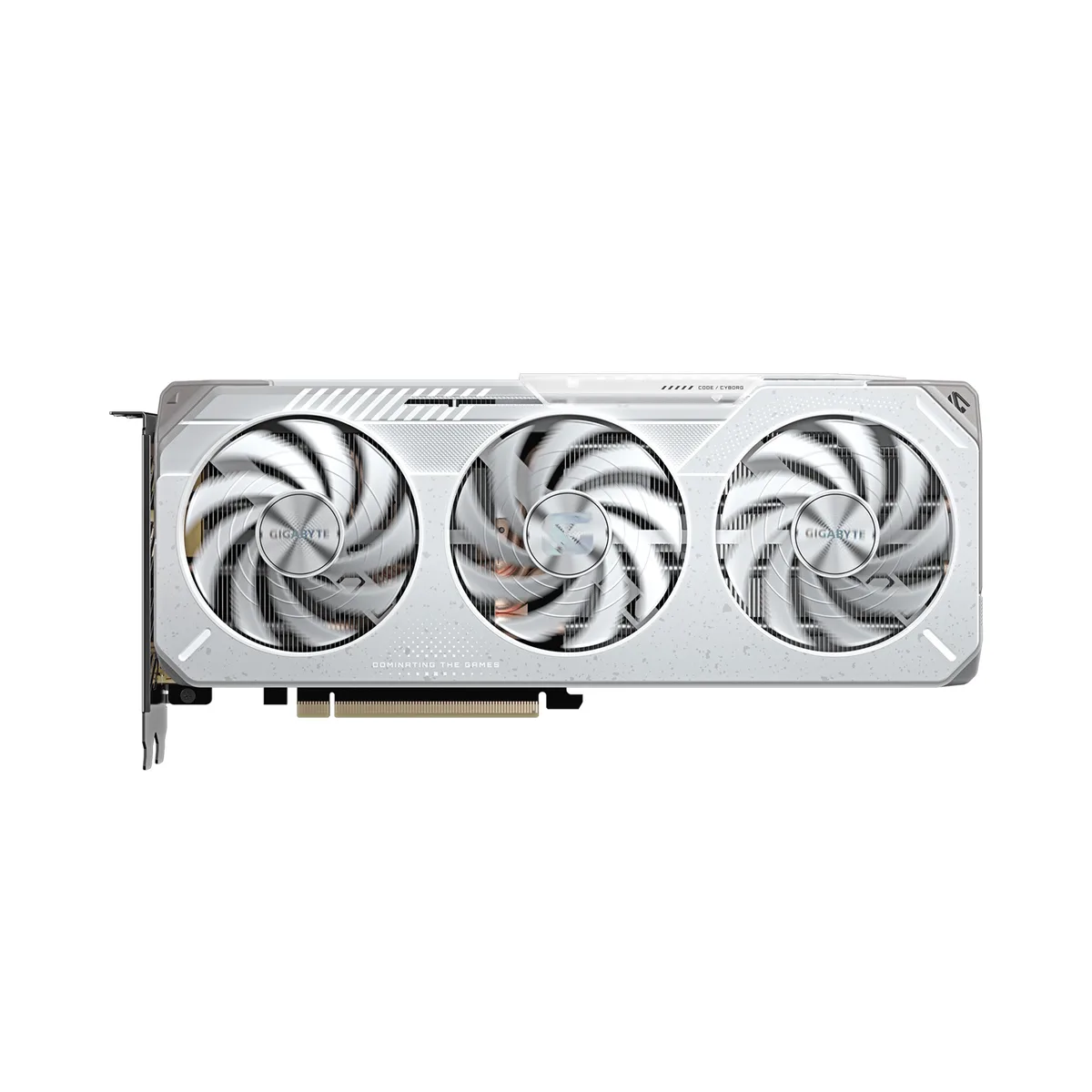 White triple-fan graphics card, 281 mm long, dual-slot design