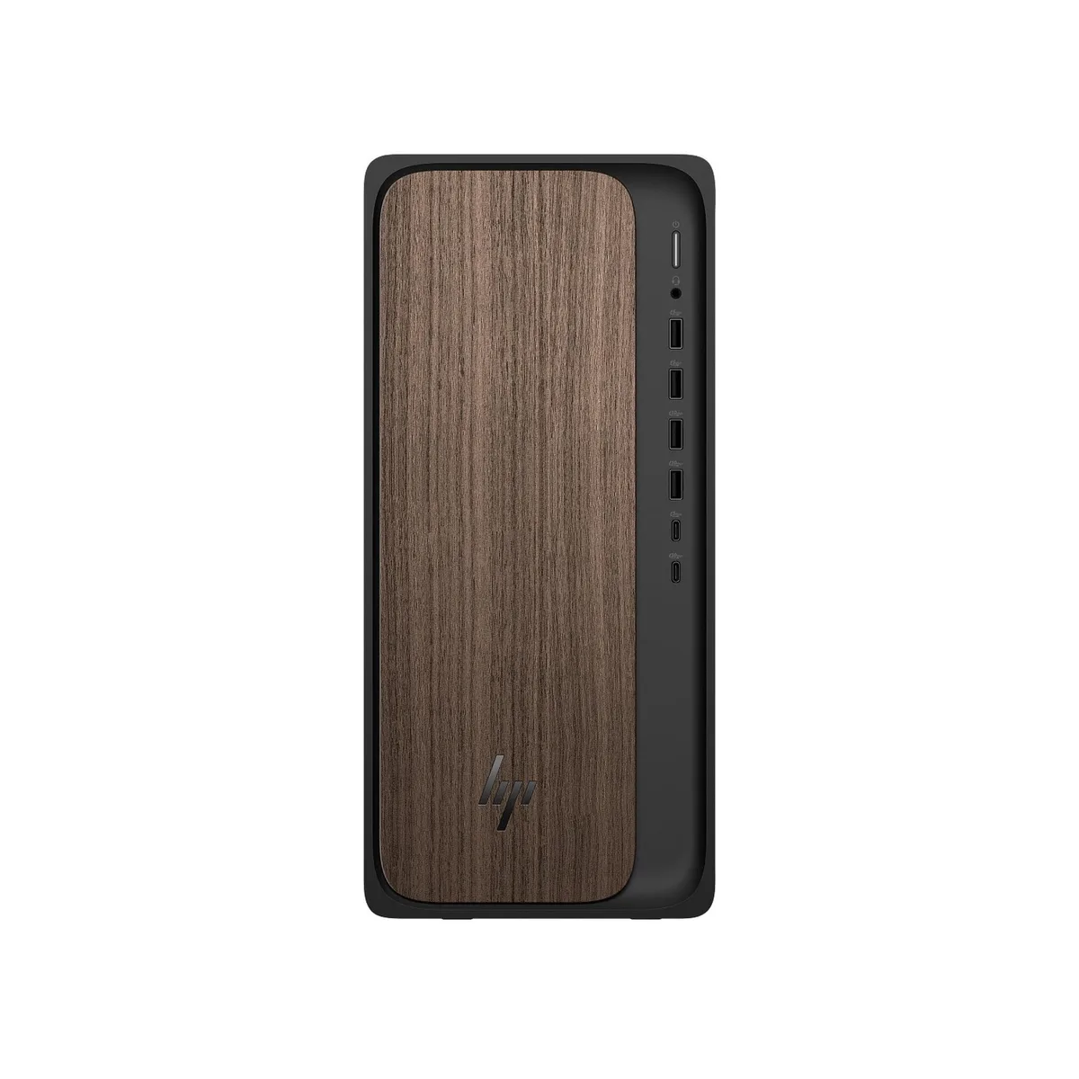 Brown compact desktop tower with wireless keyboard and mouse