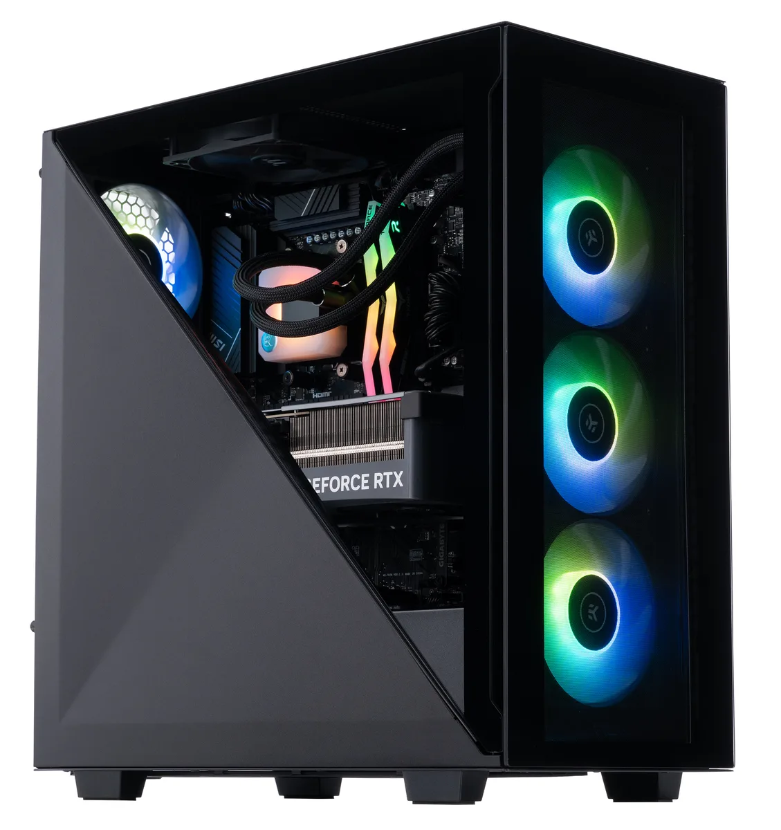 Black mid-tower case with RGB liquid cooler and graphics card visible through side panel