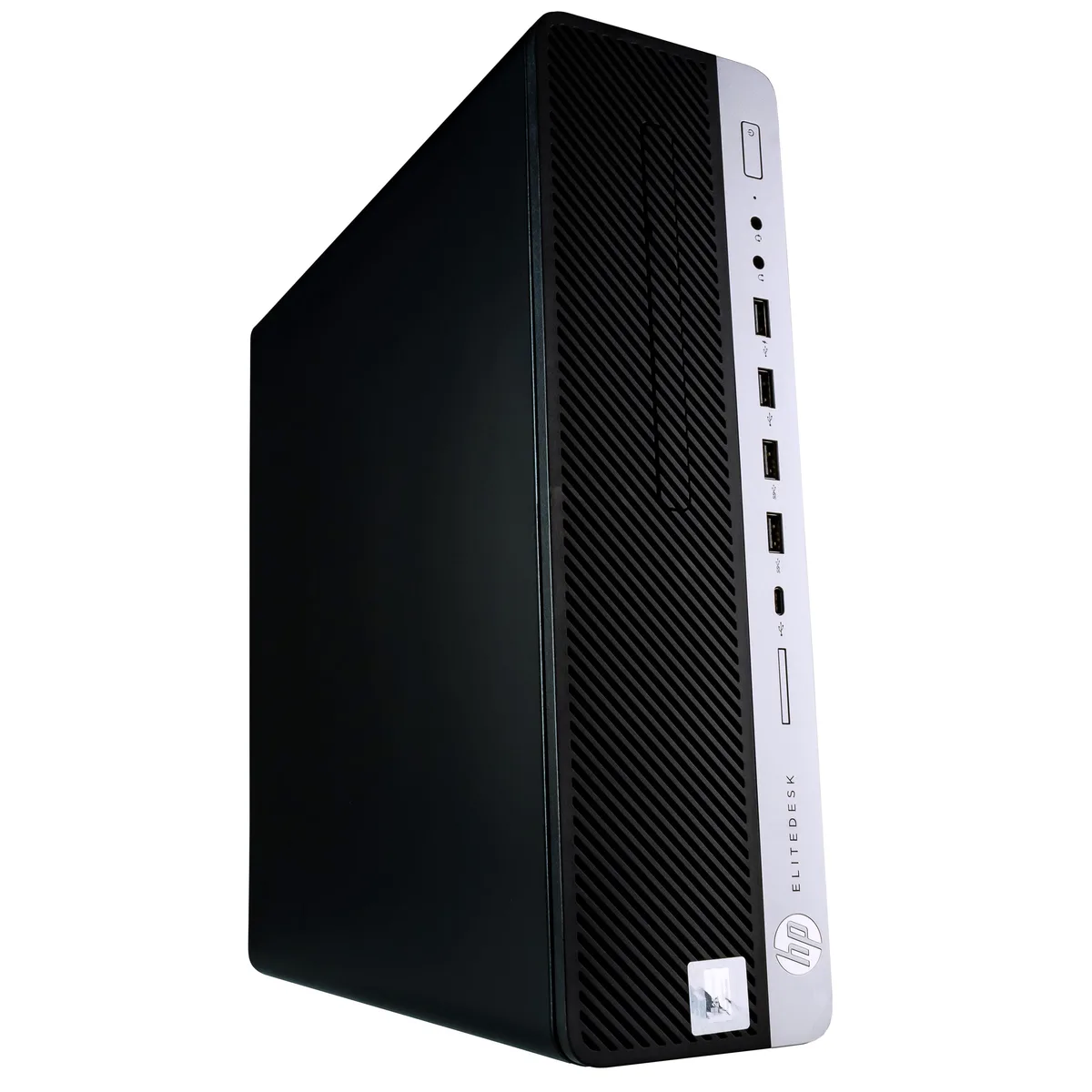 Black HP EliteDesk 800G4 desktop tower, compact rectangular form, matte finish