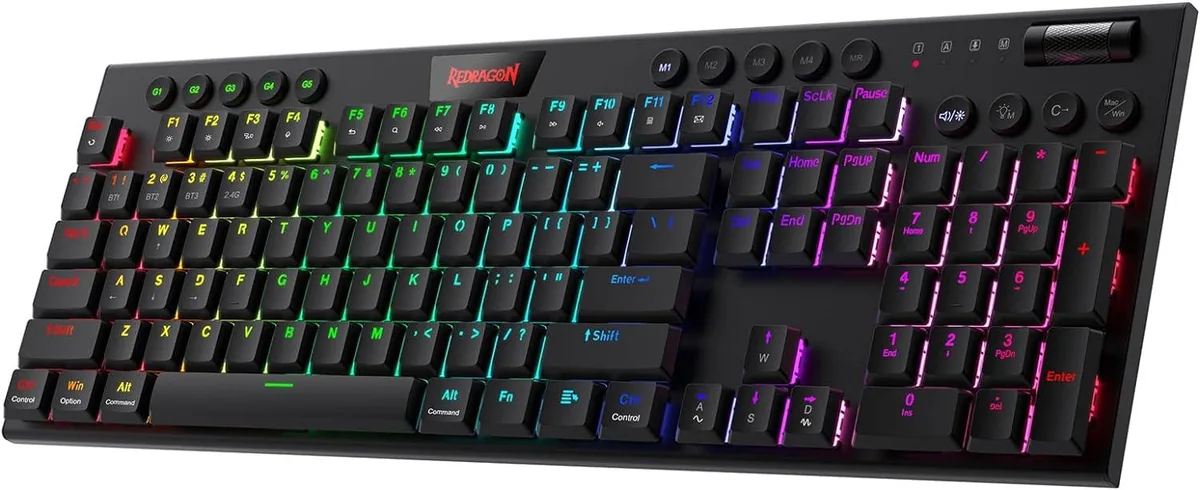 Ultra-thin black mechanical keyboard with RGB backlighting and 104 red-switch keys