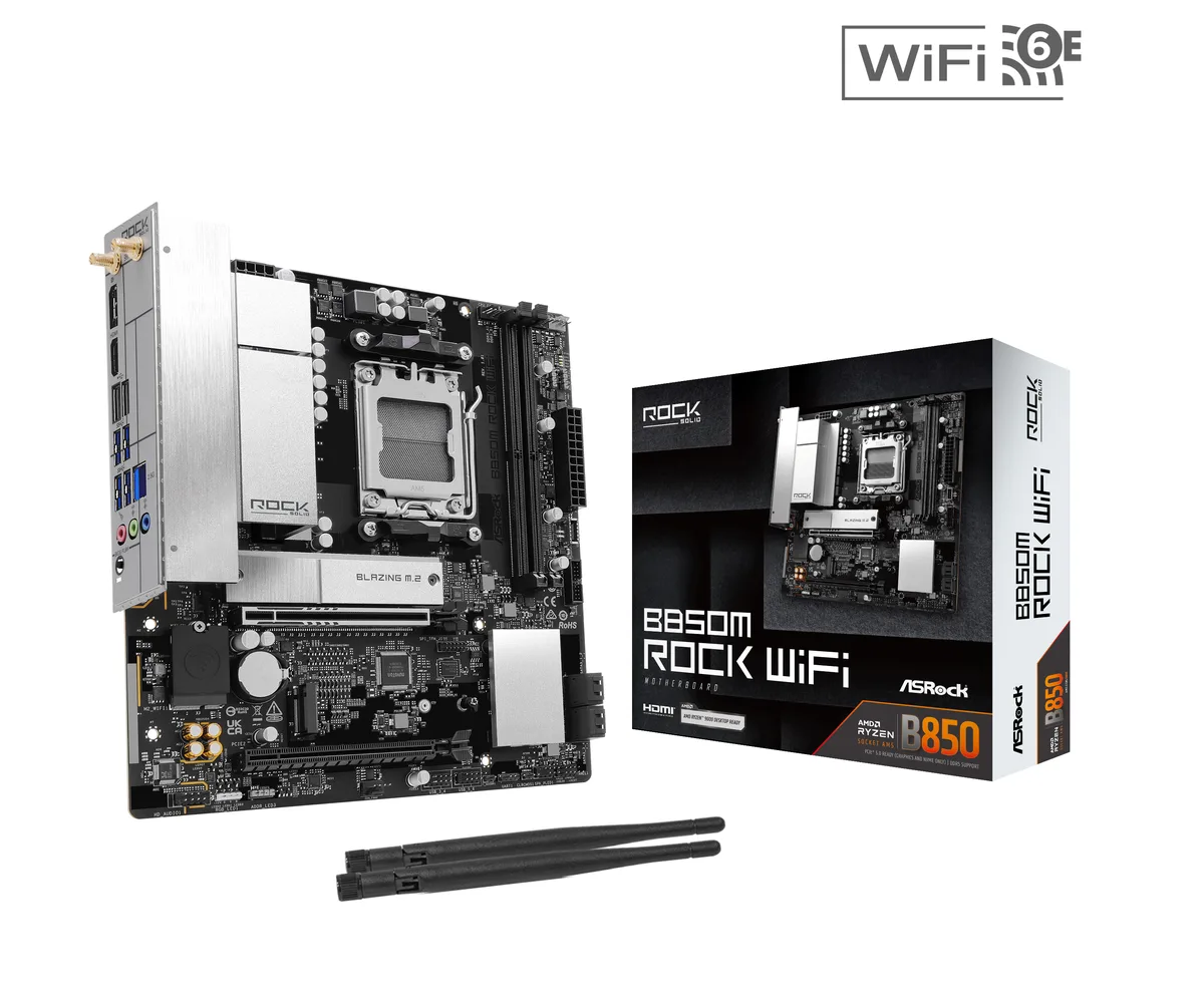 Micro-ATX motherboard, dark PCB, silver heatsinks, rear I/O visible