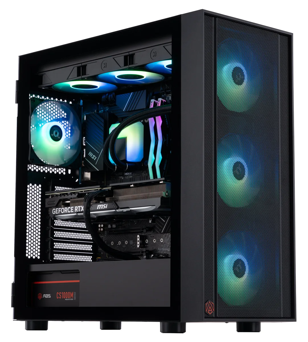 Black ATX tower with tempered glass side panel and RGB liquid cooler visible inside