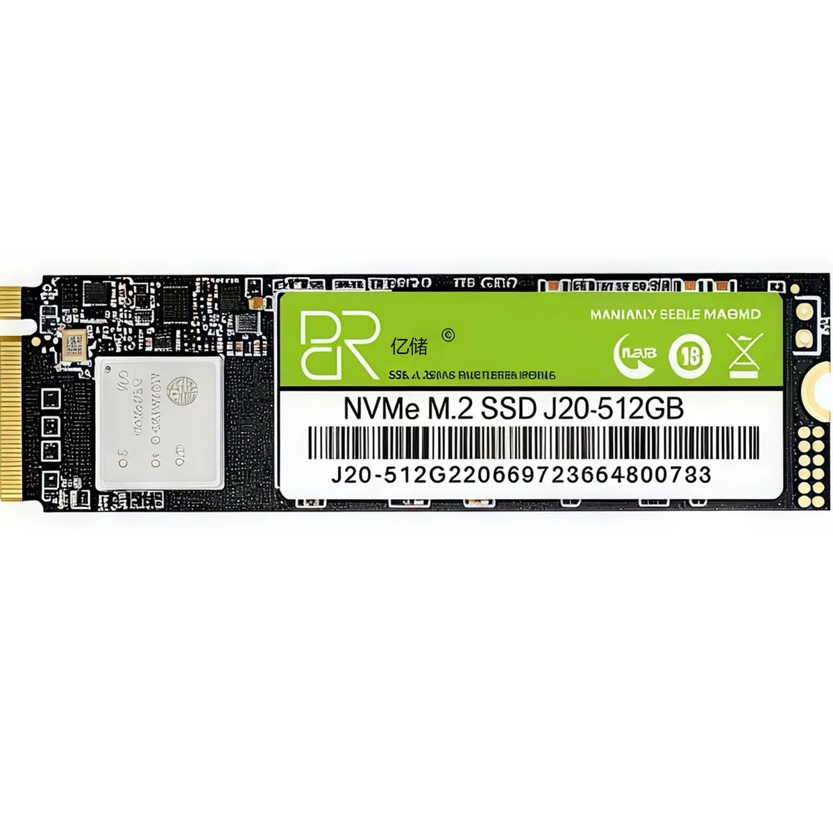 Green printed circuit board M.2 NVMe SSD with black controller and gold edge connector