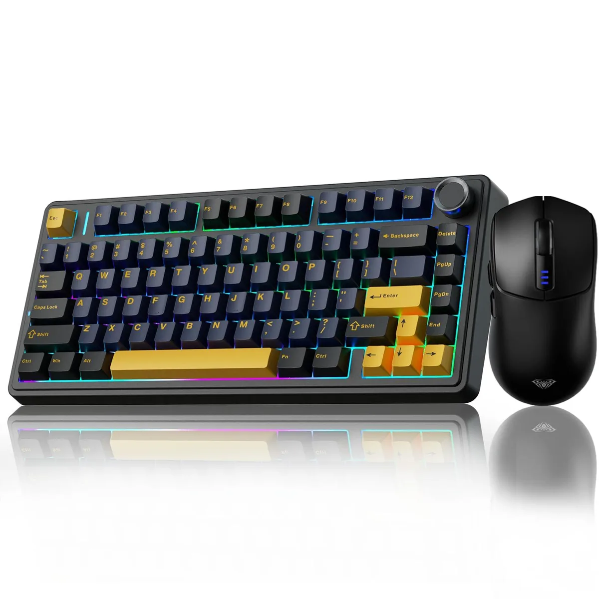 Black 75% wireless mechanical keyboard with RGB lighting and matching SC580 mouse