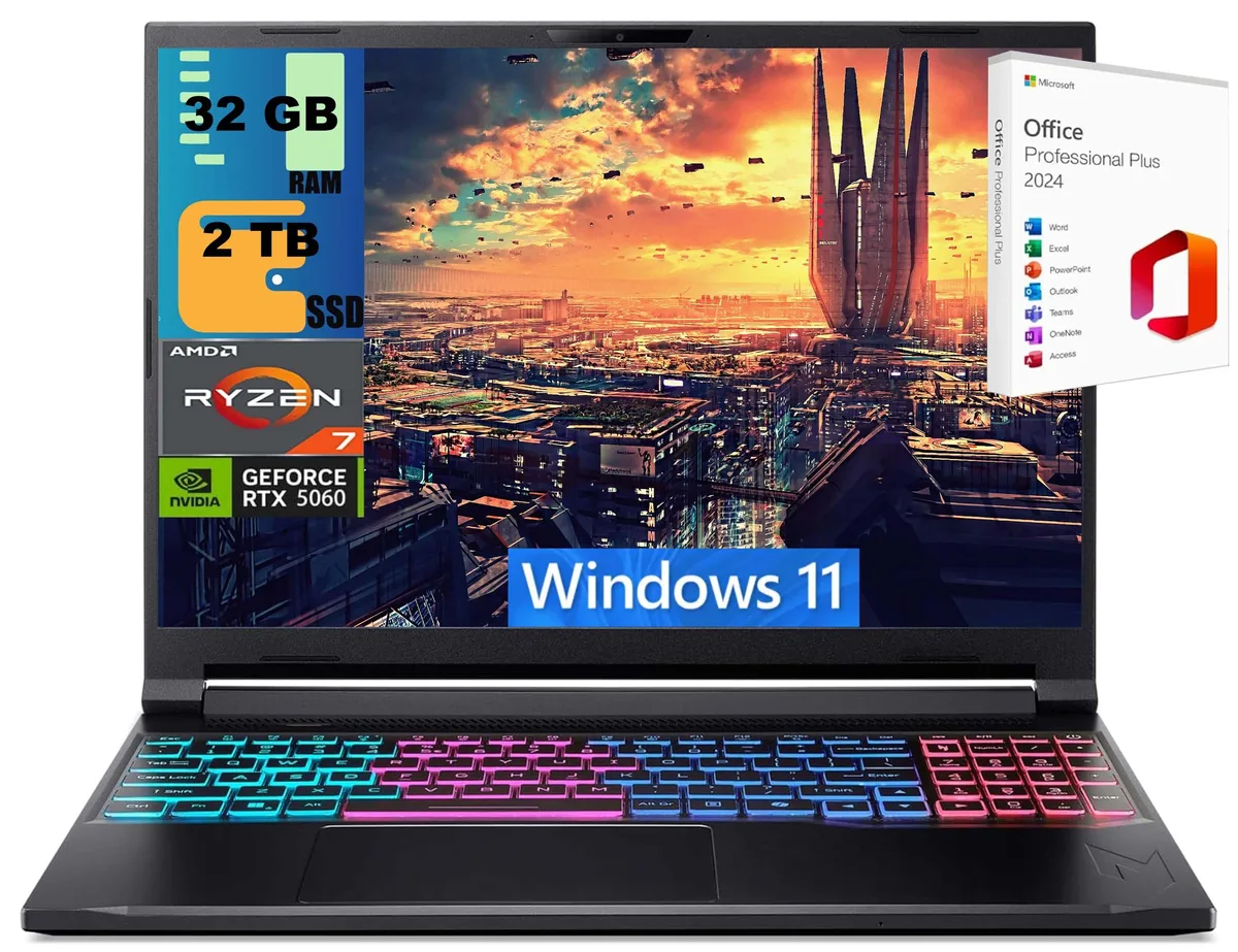 Black Acer Nitro 16 gaming laptop, 16 inch WUXGA 180Hz display, RGB backlit keyboard, multiple ports visible