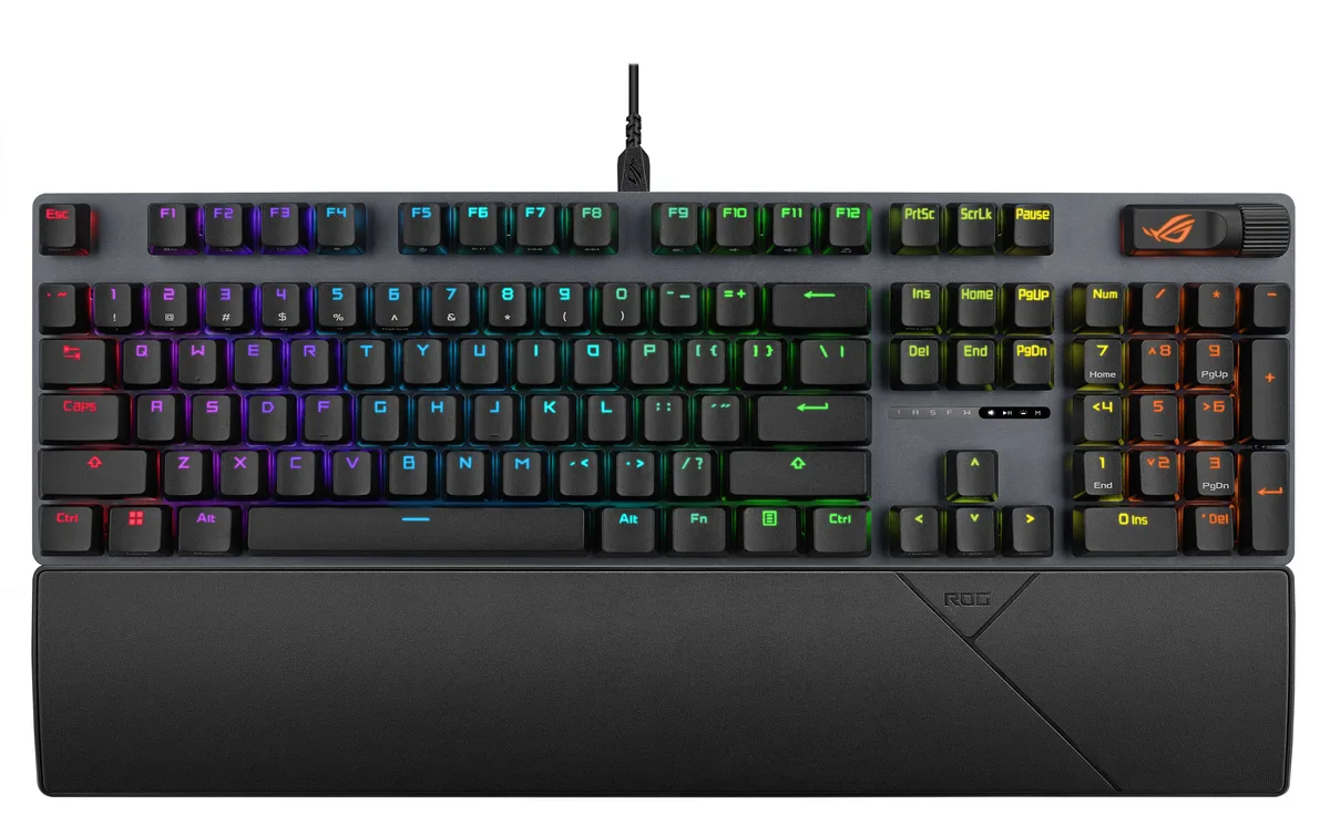 Black full-size gaming keyboard with per-key RGB lighting and detachable wrist rest