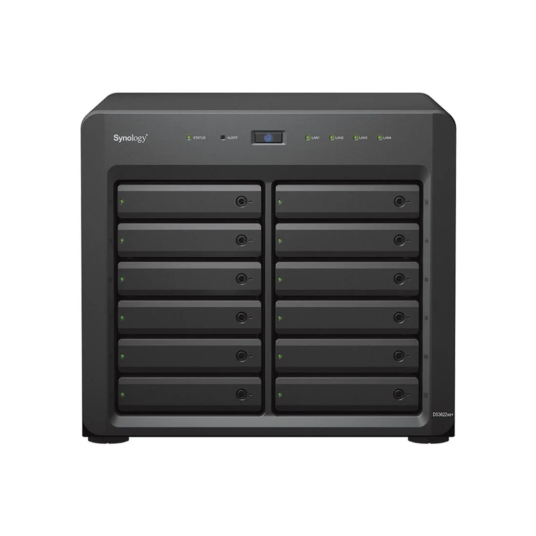 Silver 2U rackmount NAS chassis with twelve front drive bays and four network ports