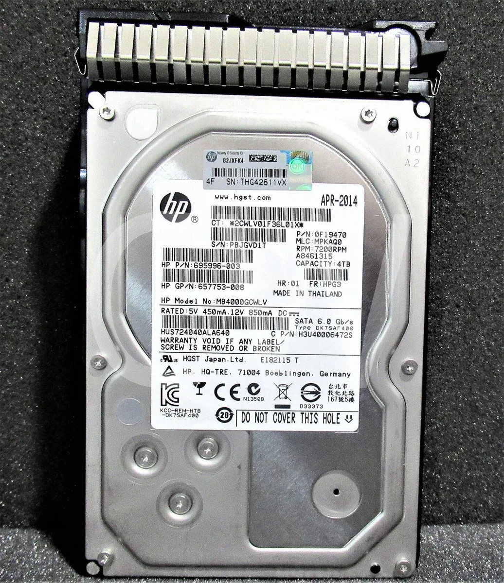 Silver 3.5 inch hard drive in black carrier tray