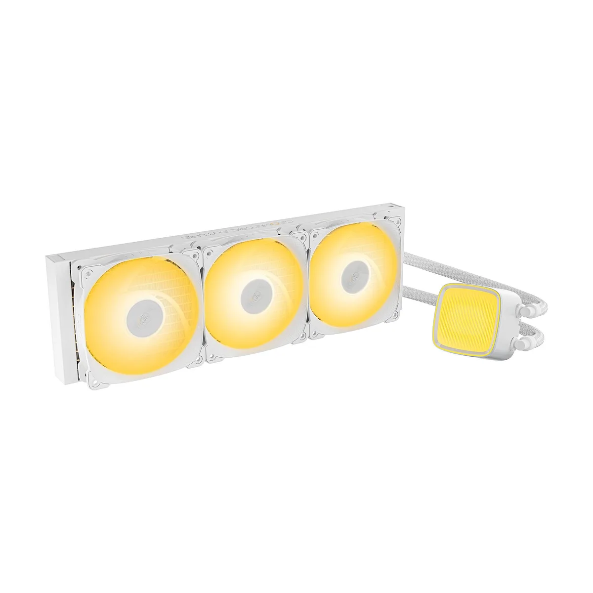White 360 mm AIO with three 120 mm ARGB fans and a square copper cold plate