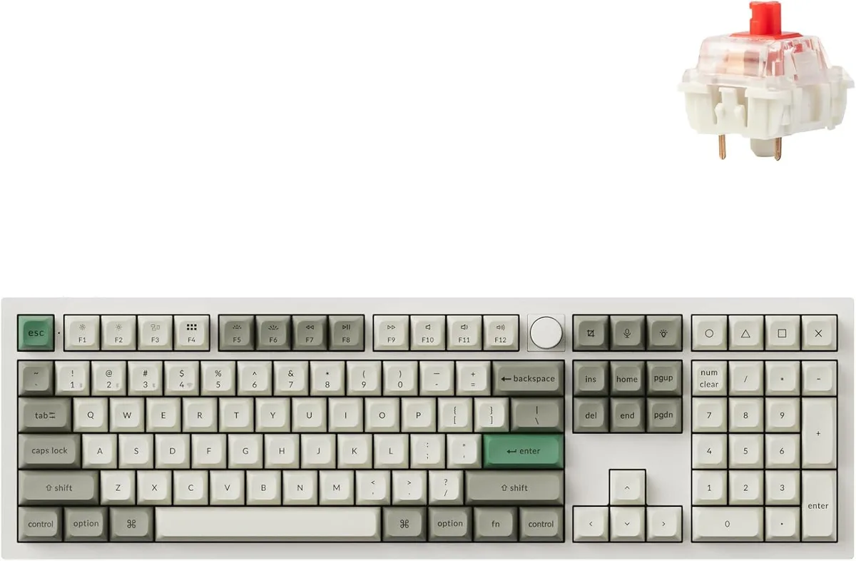 Full-size aluminium mechanical keyboard in white with rotary knob and RGB backlighting