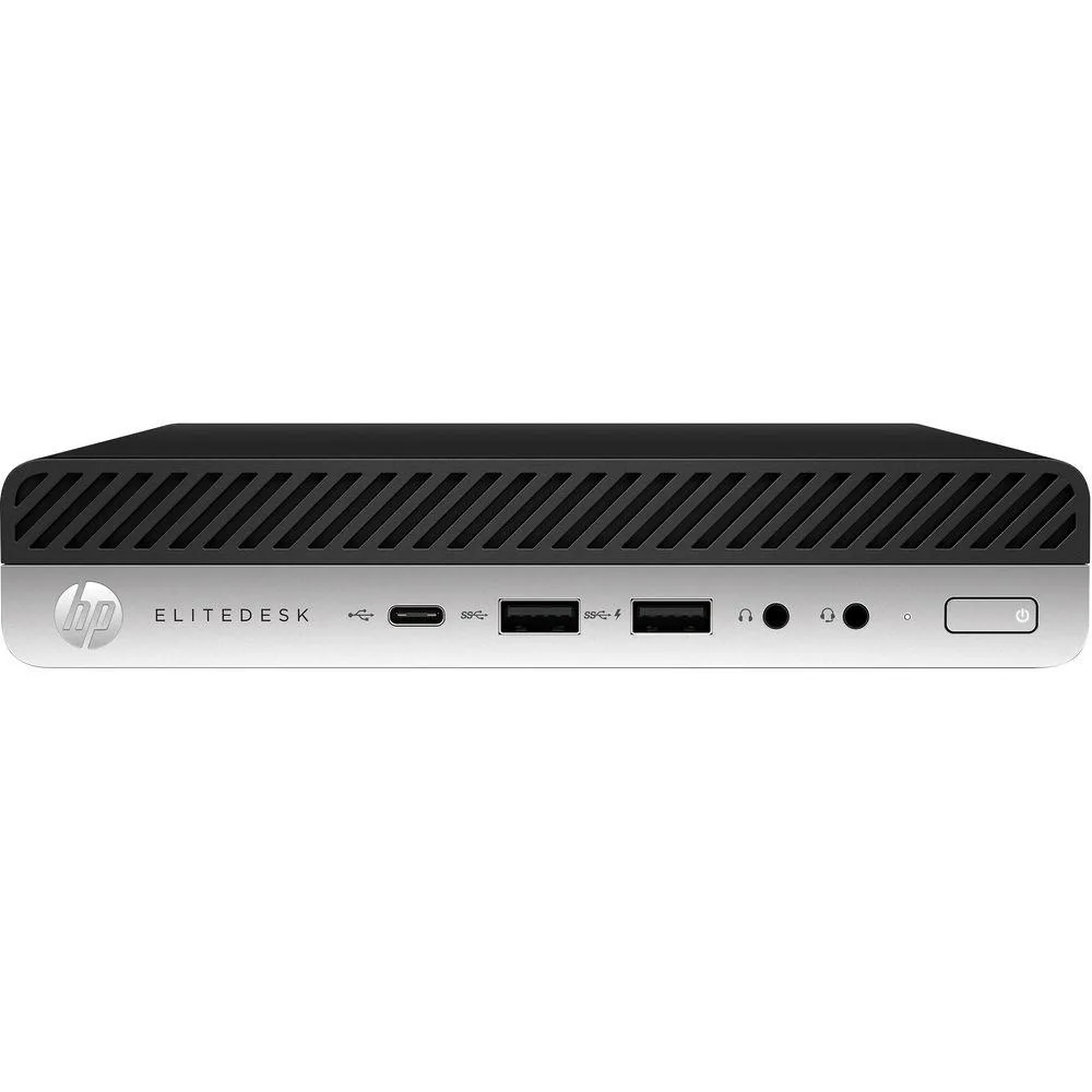 Small black mini desktop with wired keyboard and mouse