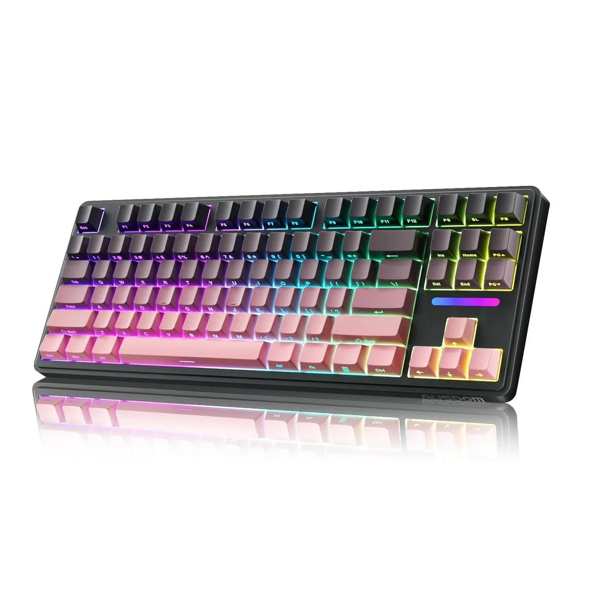 Compact 87-key wireless mechanical keyboard in black and pink with side-printed PBT keycaps and RGB backlighting
