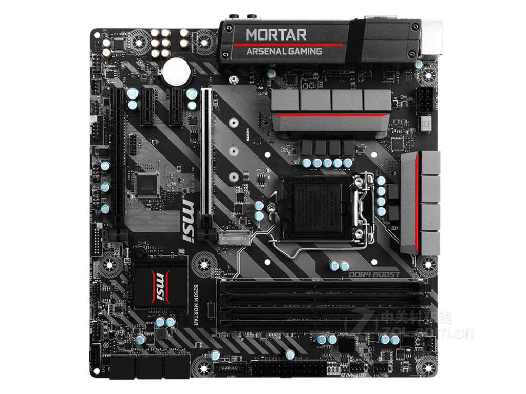 Green micro-ATX board with silver heatsinks and black slots