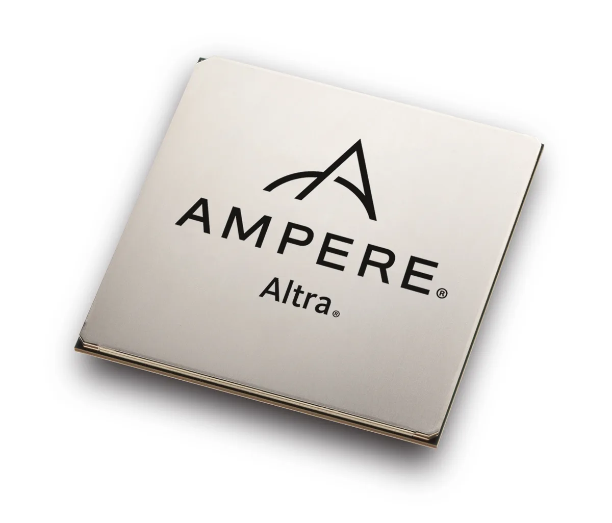 Square silver server processor with gold contact pads on the underside and a metal heat-spreader on top