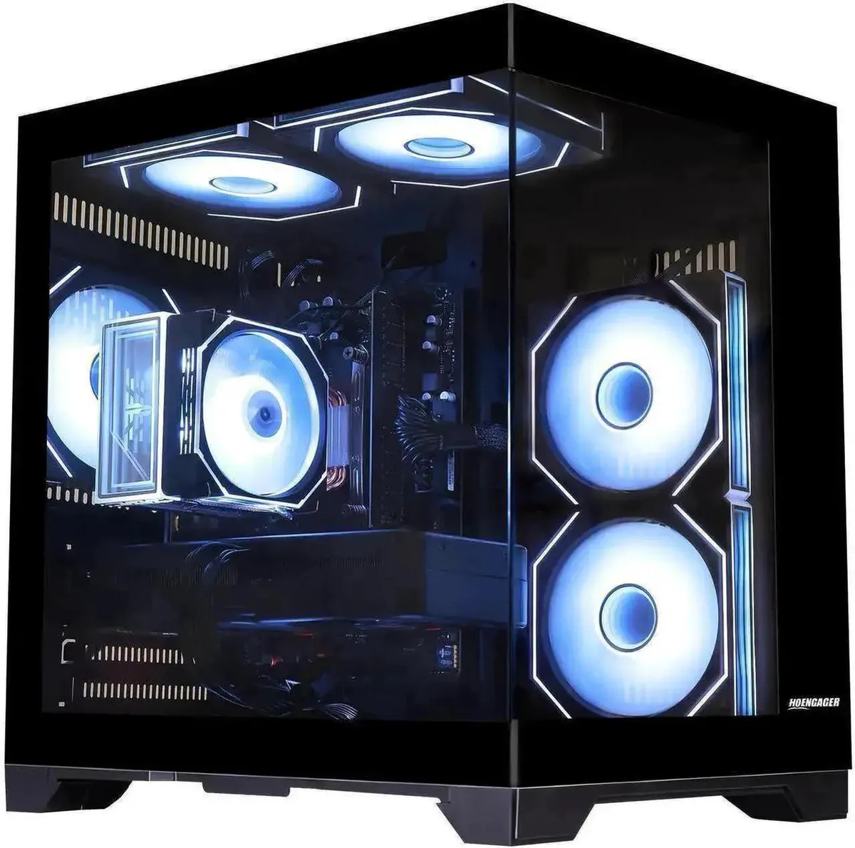 Black mid-tower gaming desktop with RGB lighting