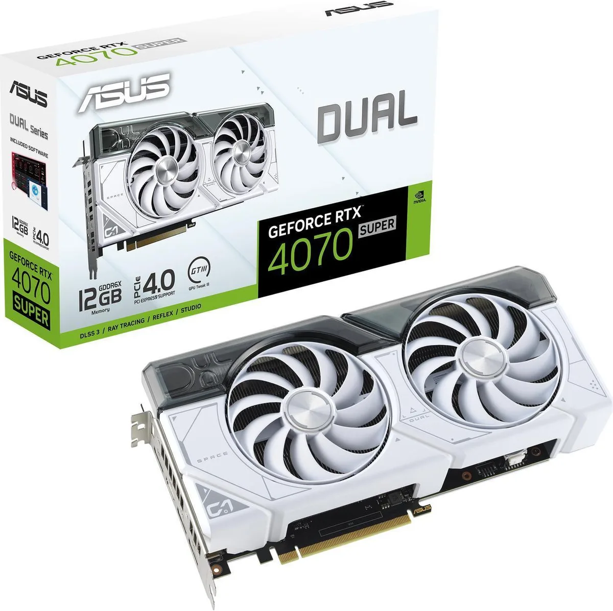 White dual-fan graphics card with silver backplate, 2.56-slot thickness