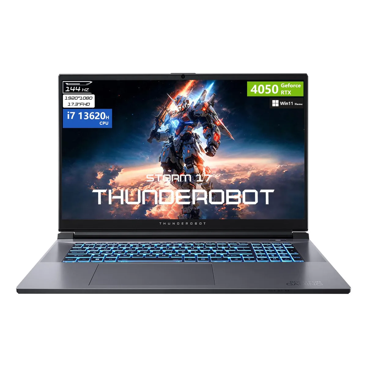 Grey 17.3 inch gaming laptop with RGB backlit keyboard and numeric keypad