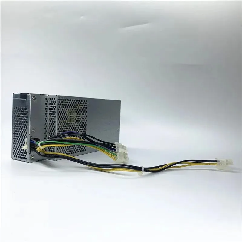 Rectangular black ATX power supply with fan grille and cable bundle