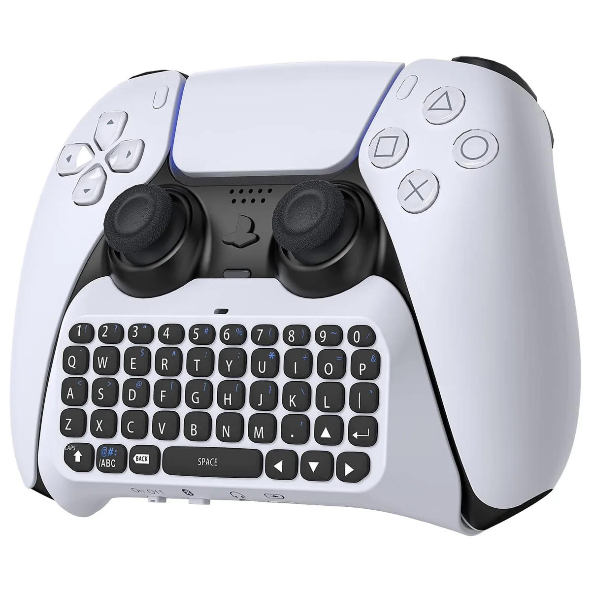 White wireless keyboard attachment for PS5 controller, compact plastic design with four function keys