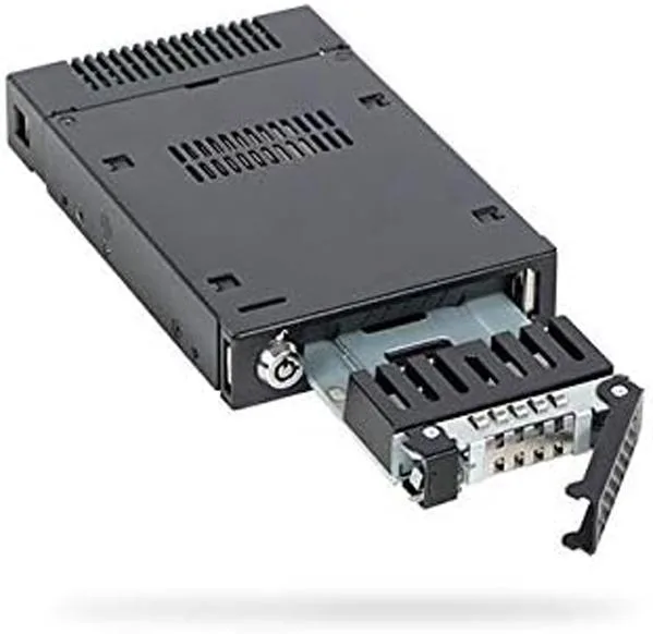 Black metal drive tray with open front and side vents