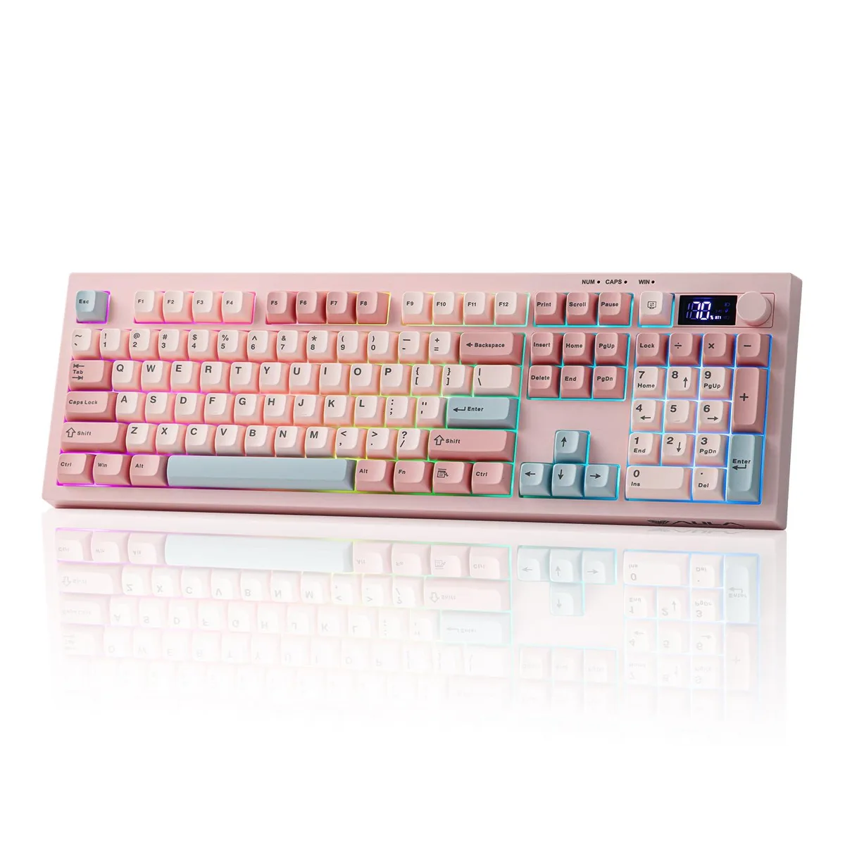 Pink full-size membrane keyboard with TFT screen and rotary knob