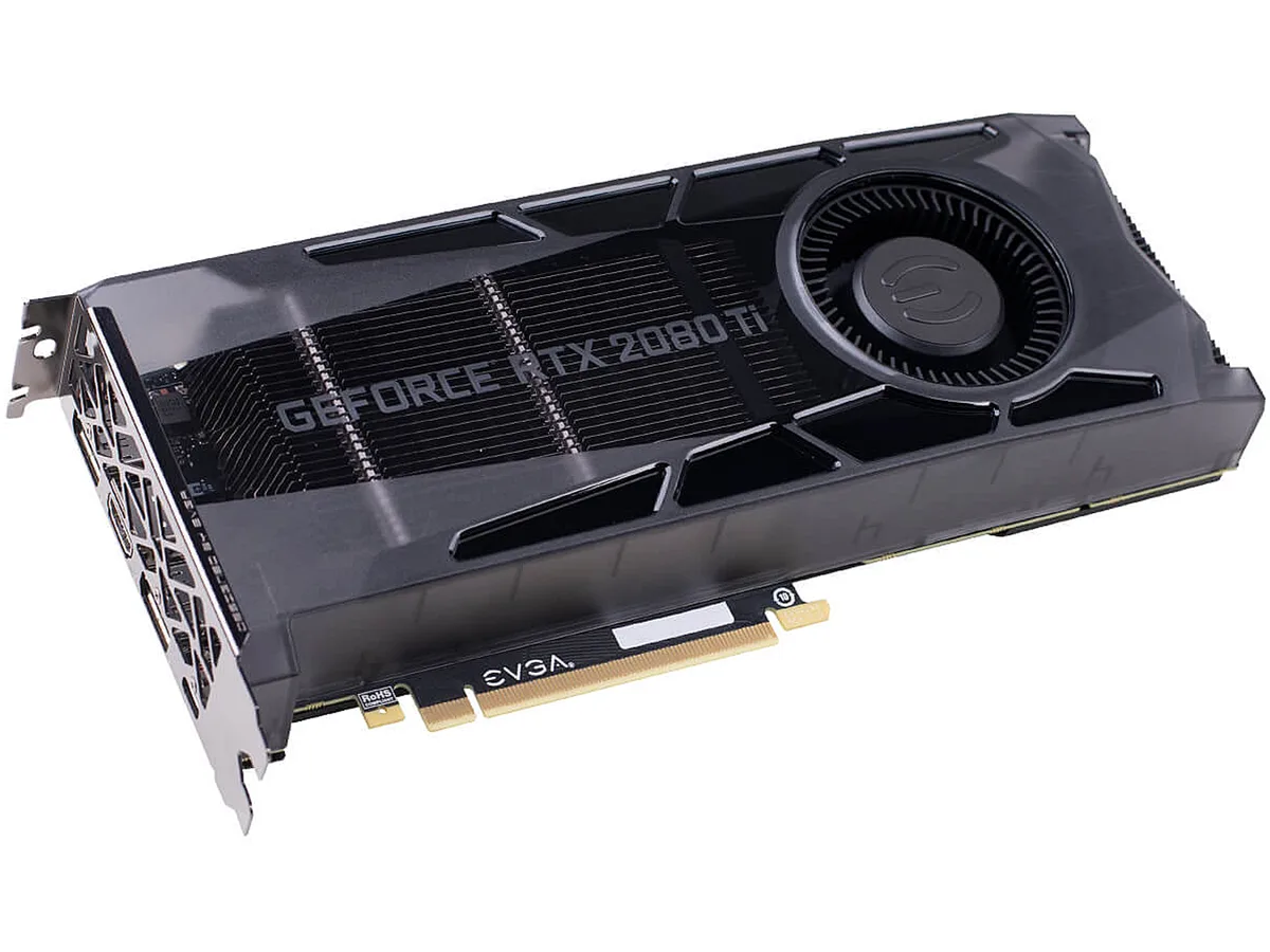 Black dual-slot graphics card with single blower fan, metal backplate, and RGB LED logo