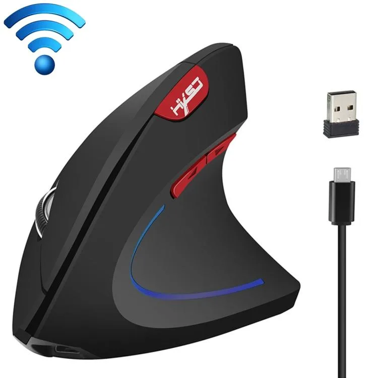 Black vertical gaming mouse with ergonomic pen-grip shape, USB receiver and charging cable visible