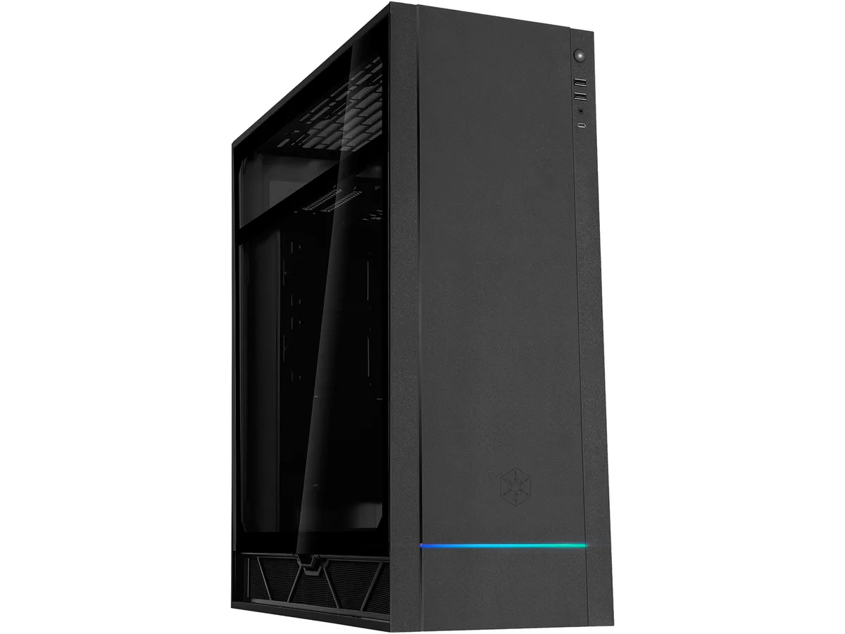 Black ATX mid-tower case with aluminum shell, steel frame and tempered glass side window