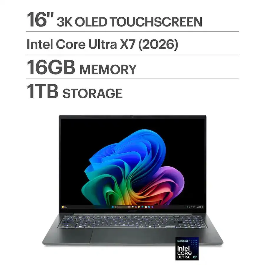 Basalt gray 16 inch OLED touchscreen laptop, thin and light
