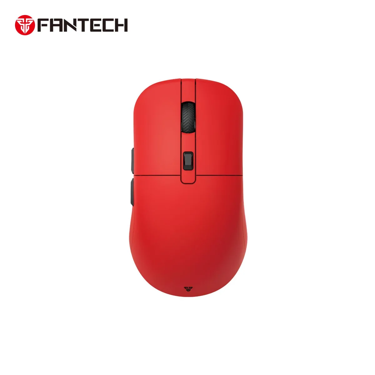 Red ergonomic wireless gaming mouse with white dotted shell and USB-C cable