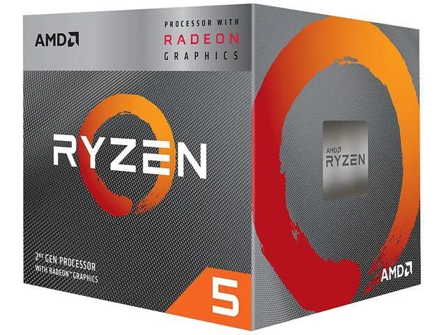 Square green ceramic chip with gold contacts and silver heat spreader labelled Ryzen 5 3400G with Radeon graphics