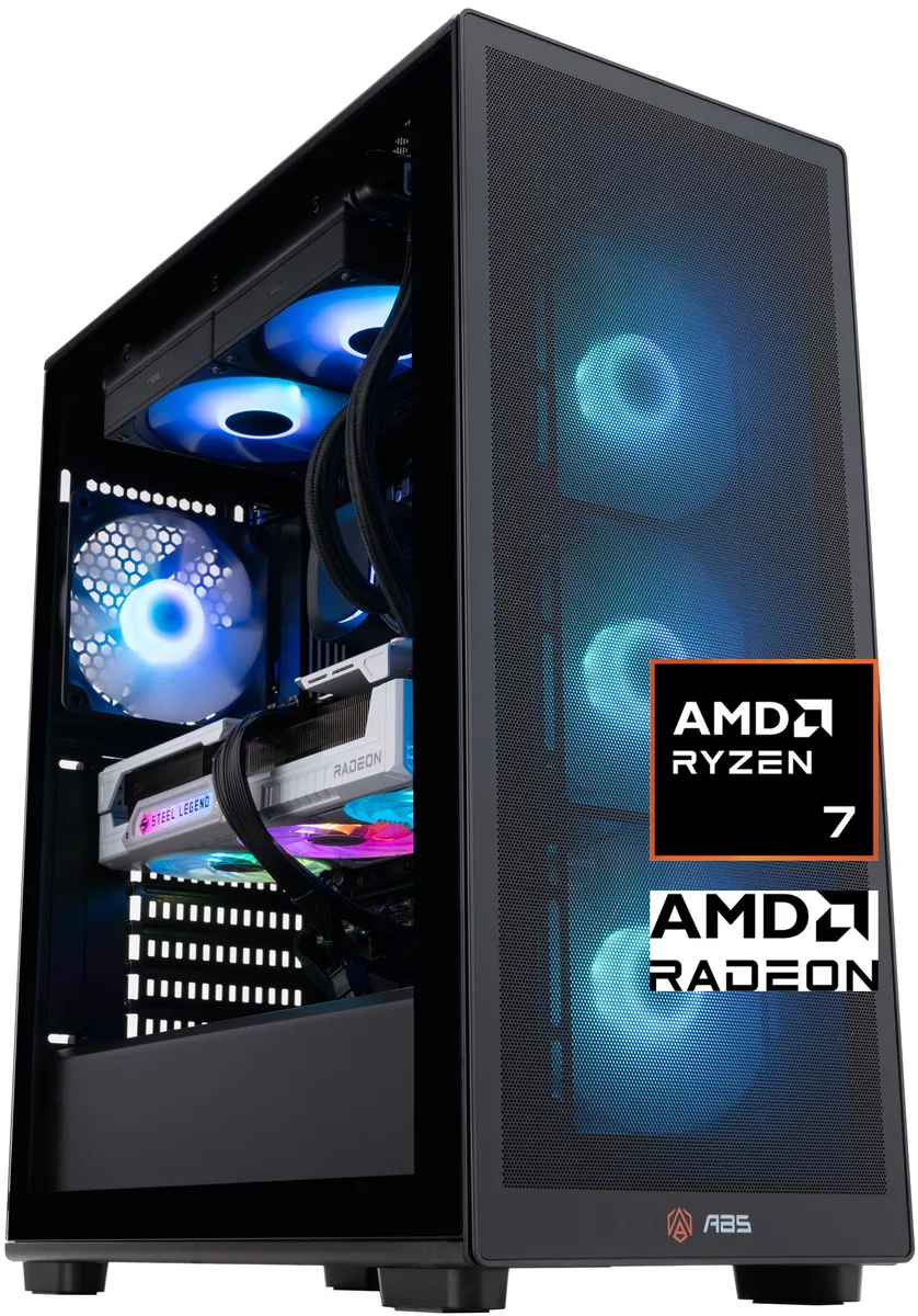 Black mid-tower gaming desktop with RGB-lit DDR5 memory and 240 mm AIO cooler