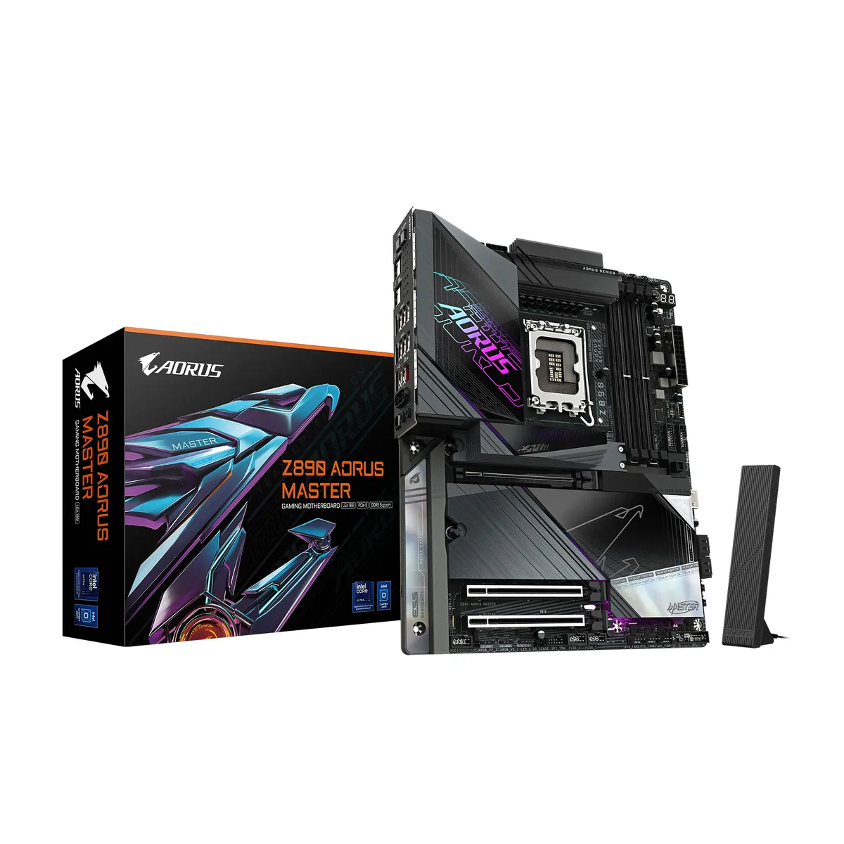 Black ATX motherboard with silver VRM armor and multiple M.2 heatsinks
