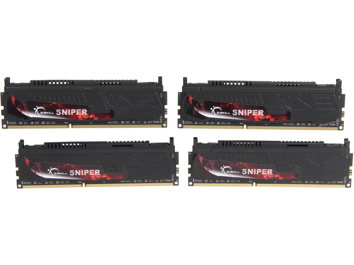 Four black DDR3 DIMMs with sniper heat spreaders