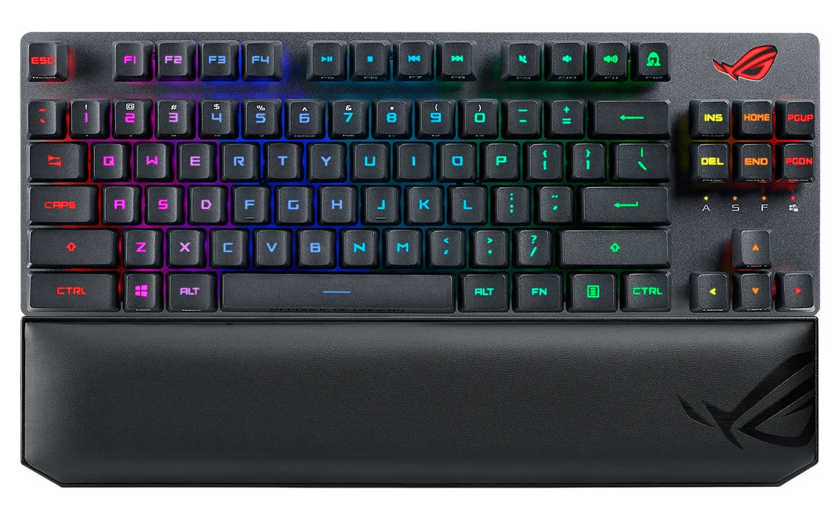 Black tenkeyless gaming keyboard with detachable wrist rest and RGB lighting