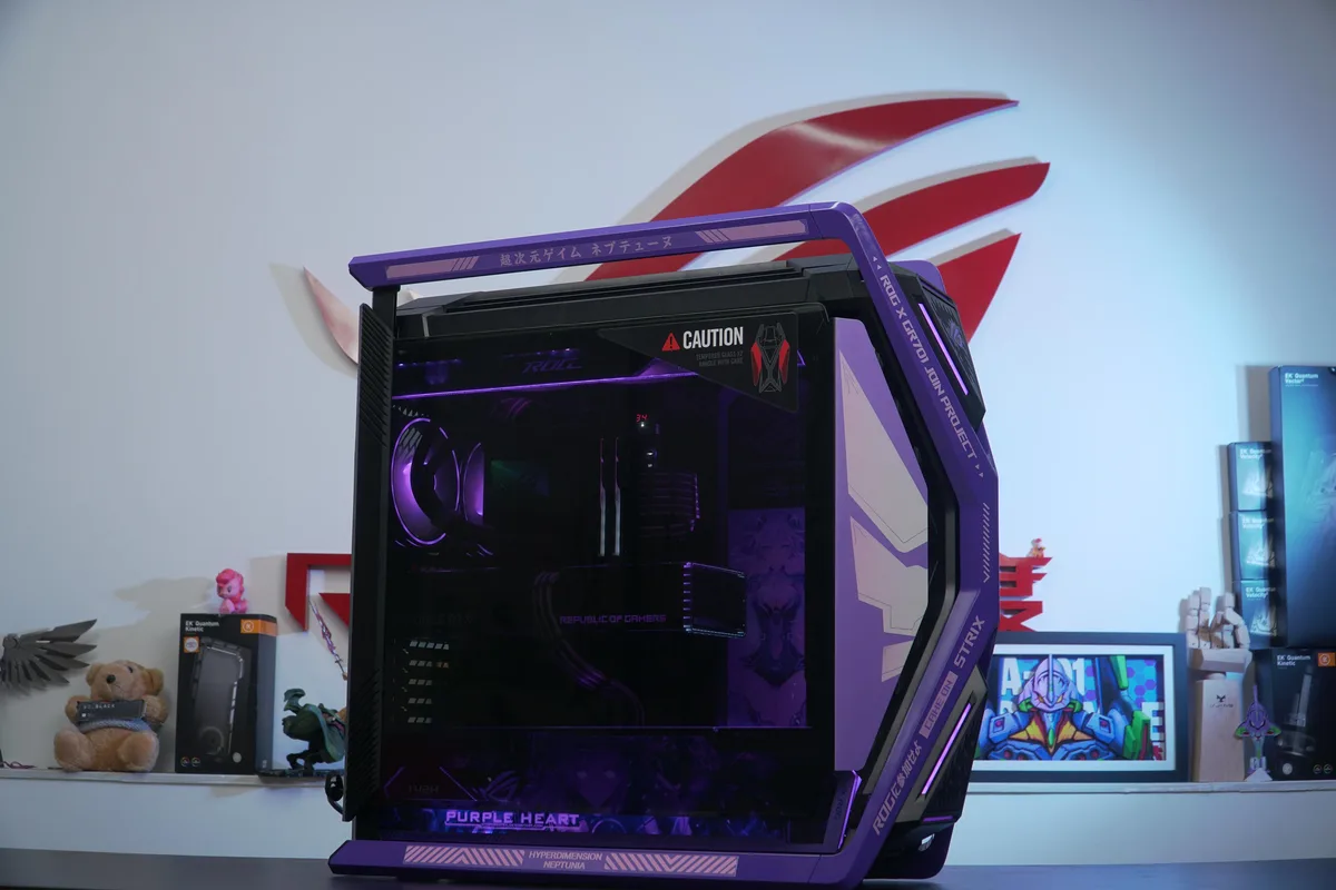 Full-tower E-ATX case in Hyperdimension Neptunia purple with dual tempered-glass panels and four pre-installed 140 mm fans