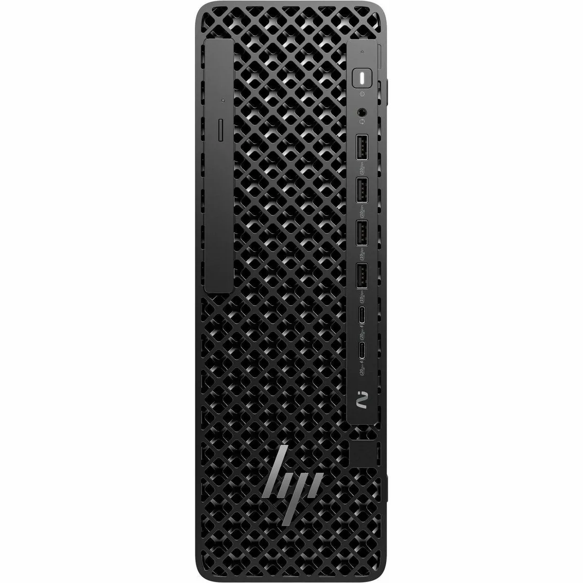 Compact silver small-form-factor desktop tower with wired keyboard and mouse