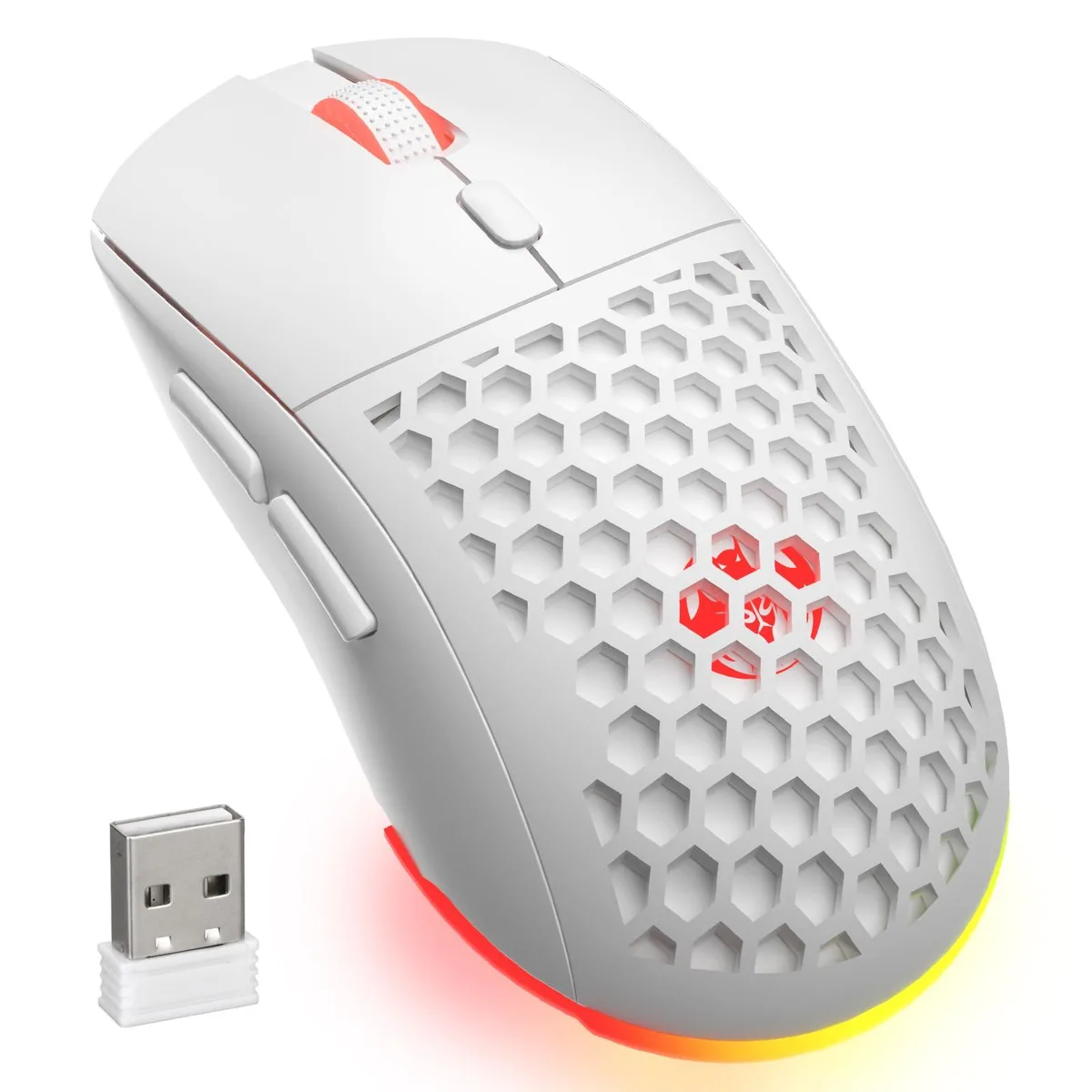 White honeycomb-shell right-hand gaming mouse with perforated ABS finish and USB-C cable visible