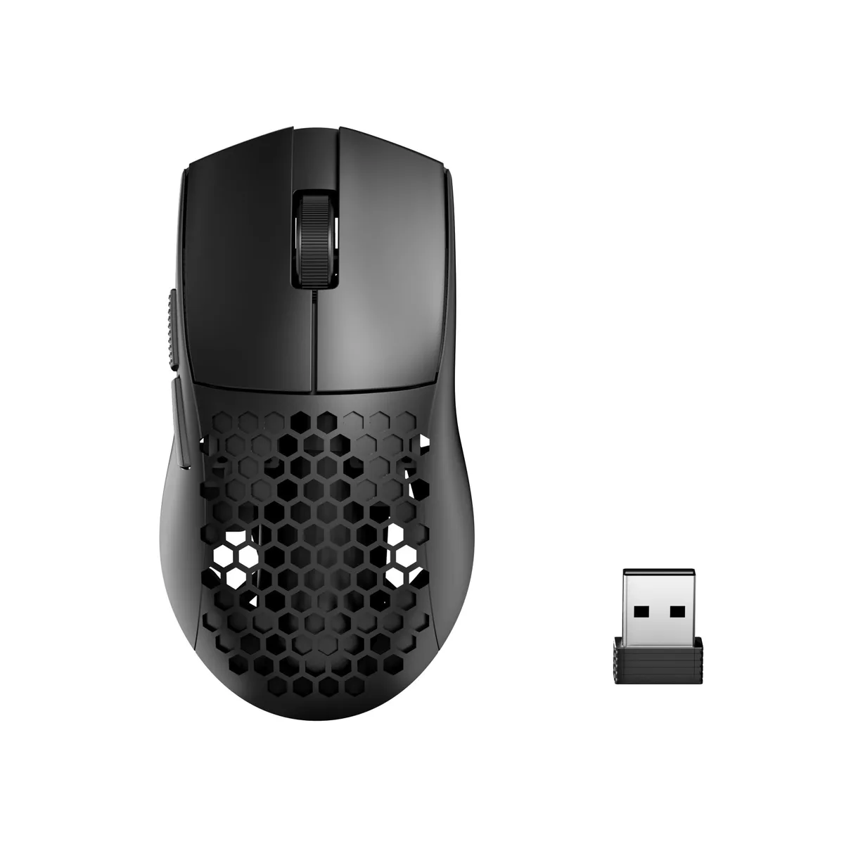 Black lightweight honeycomb-shell wireless gaming mouse with symmetrical shape and side buttons