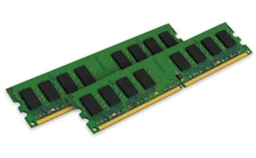 Two green DDR2 memory modules with gold contacts