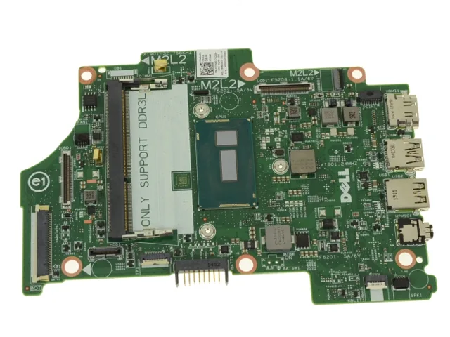 Green rectangular laptop motherboard with silver CPU socket and black components