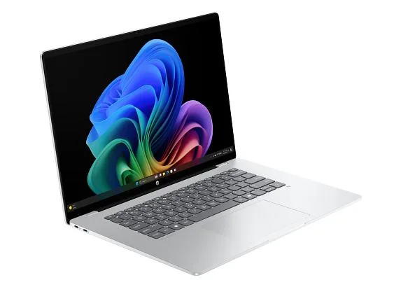 Silver 16-inch laptop with edge-to-edge glass OLED touchscreen